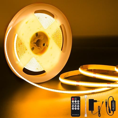 Amdelne 2700K COB LED Streifen, 10M Dimmbares,LED 24V COB Streifen Licht set 320LEDs/M, Mit netzteil und Fernbedienung 3960LM, CRI90+ für Schlafzimmer,Küche，Spiegel,Heimdekoration