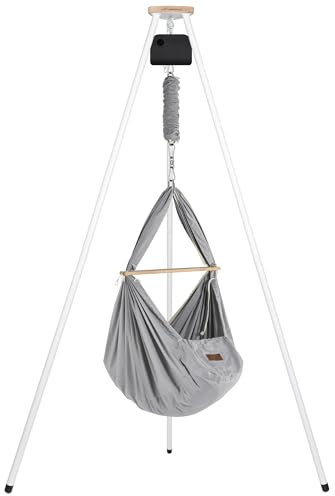 SCHMUSEWOLKE Federwiege Bio Grey mit Tipi Weiß und Anthrazit Motor - für Babys ab Geburt bis 15 kg - Federwiegen-Set mit Gestell und Motor - mit Schafwollmatratze