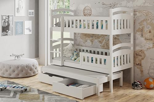 Generisch Etagenbett Stockbett Kinderbett Dominic für 3 Personen 80x180 cm inkl 3 Matratzen und 2 Schuppladen in Weiss.