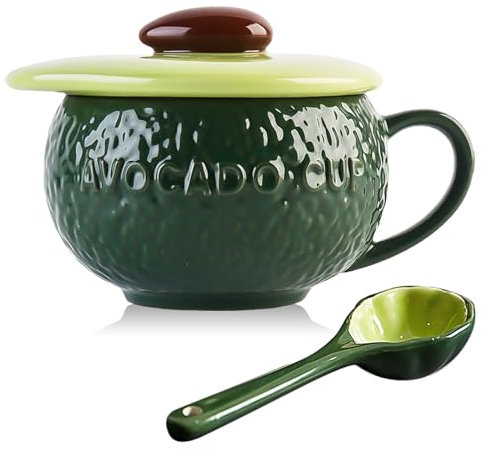 QUSHEJIAND Keramik-Kaffeetassen-Set mit Deckel und Porzellanlöffel, Avocado-Formen, Frühstück, Haferflocken-Tasse, 290 ml, Milchbecher mit Griff, für Kaffee, Säfte, Tee (grün)