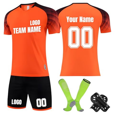 Topassion Personalisiert Fussball Trikot Jungen Erwachsene Benutzerdefiniertes Fußball Trikots Shorts Socks & Knieschoner Sets Fussballtrikotset mit Name Nummer Team Logo Herren Trainingstrikot,Red
