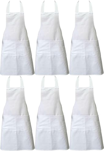 Clay Roberts Chefs Apron, White, Pack of 6, Cooking and Baking Apron for Men and Women, Double Pockets, Kitchen Butchers Aprons, BBQ & Catering Bibs, Cooking Tabards