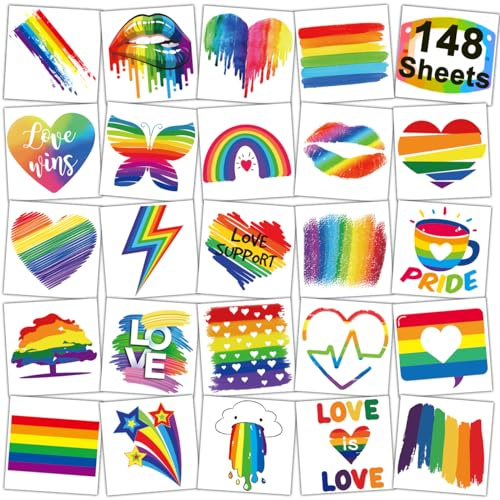 CHARLENT 148 Stück Regenbogen Temporäre Tattoos, Pride Motive | Temporäre Pride Tattoos mit Herz, Lippen und Regenbogen, ideal für Festivals, Paraden, Partys und bunte Events