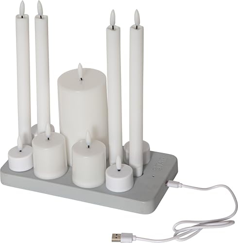 Star Trading Kerzen Set Flamme Charge Mix, 4 Teelichter, 4 Antik-Kerzen, 2 Votiv-Kerzen, 1 Stumpenkerze, weiß, USB Kabel, Ladeplatte, Warmweiß