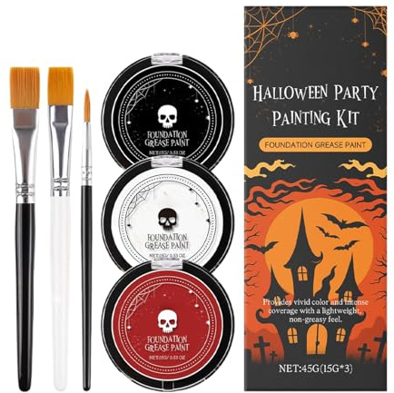 Teint Fantôme Blanc,Peinture Visage et Corps Blanc Noir Rouge + Pinceaux - Couleurs Vives, Kit de Maquillage pour Halloween, Spectacle et Fête, Femmes Hommes