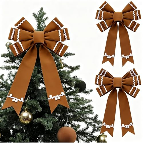 XunYee 2 Pack Gingerbread Man Christmas Bows Outdoor Decorations 12 x 20 Large Christmas Tree Topper Velvet Gingerbread Man Decorative Gift Bows for Xmas Tree Wreaths Holiday Front Door Home Decor