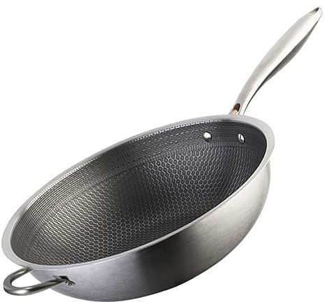 Ciieeo Padella wok a nido d'ape in acciaio inox a doppia maniglia con fondo piatto per a gas e induzione accessorio da cucina pentola antiaderente