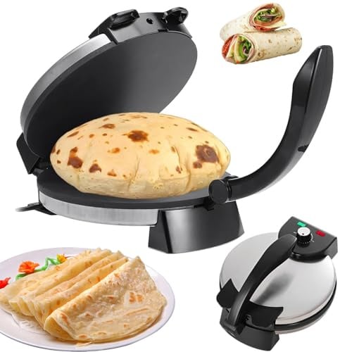 Máquina para hacer roti eléctrica, prensa para tortillas multiusos de 2000 W, máquina automática para tortillas Chapati de 12 pulgadas con calefacción de doble cara, placas antiadherentes para