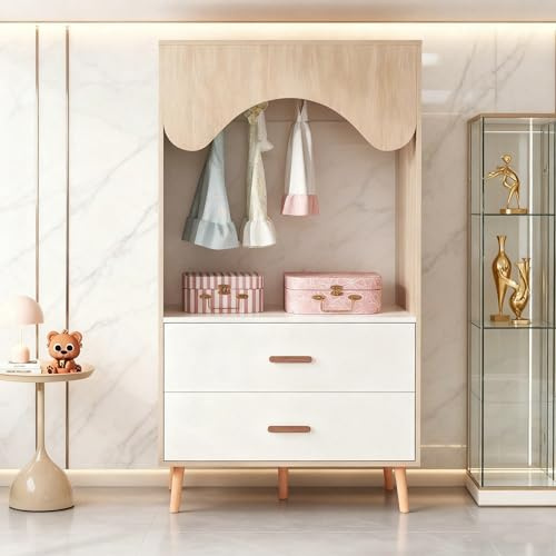 Kinderkleiderschrank 80 cm »PureStyle« – Offener Kleiderschrank in Weiß/Naturholz mit Kleiderstange, Schubladen & Vollholzgriffen (80×46×141,5 cm)