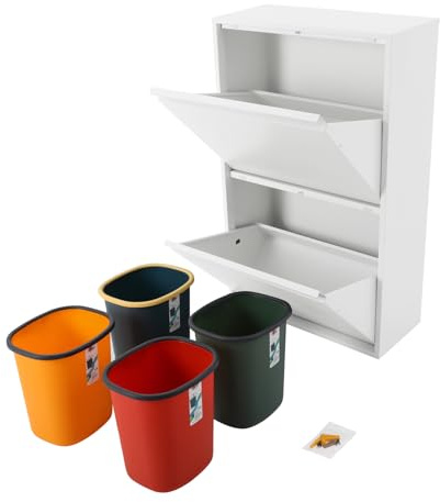 Steeviuzj Cubo de basura de cocina, sistema de reciclaje de 4 compartimentos con 4 contenedores de 15 l, armario de recogida de basura, montaje en pared, diseño moderno (blanco)