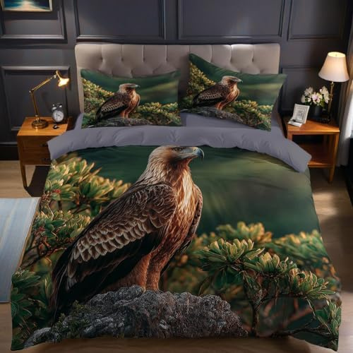 Grünpflanzen Bettwäsche Set 200 x 220 cm Vögel Adler 3 teilig Mikrofaser Baumwolle Bettbezug weich bügelfrei hautfreundlich mit Reißverschluss