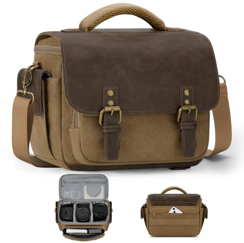 RAINSMORE Kameratasche Spiegelreflex, Fototasche mit Regenschutzhülle | Kamera Tasche Klein, Taschen für Fotografen, mit Stativhalterung, Vintage Kamerataschen aus Canvas im Sling-Stil