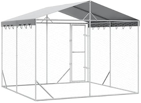 Hommdiy Hundezwinger Outdoor Große mit Dach,Hundekäfig Hundehaus für große Hunde, Hundehütte Silbern 3x3x2,5m Verzinkter Stahl