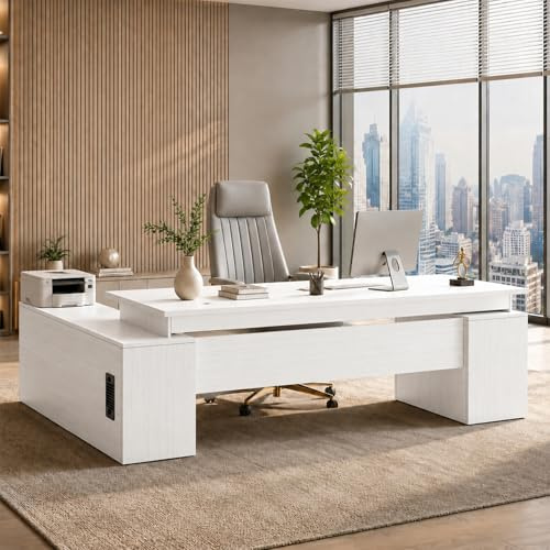Tazyee L-förmiger Chefschreibtisch mit Stauraumschrank und 3 Schubladen,Kabelmanagement, CPU-Fach und Regalen, Moderner Eckschreibtisch für Büro und Homeoffice