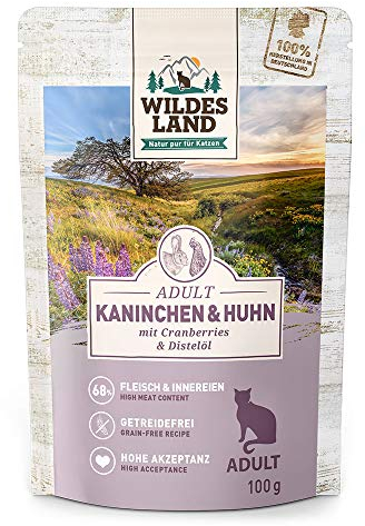 Wildes Land - Nassfutter für Katzen - Nr. 4 Kaninchen & Huhn - 12 x 100 g - Getreidefrei - Extra viel Fleisch - Beste Akzeptanz und Verträglichkeit