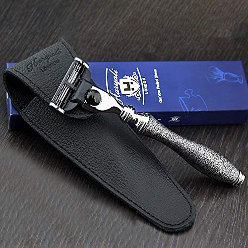 Premium Razor Silver Antique Collection und Schutzhülle aus echtem Leder Perfekt für den Alltag und die Nassrasur Perfektes für Herren