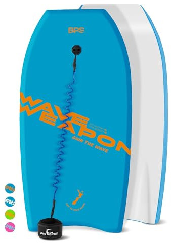 Own the Wave Bodyboard für Kinder und Erwachsene, 83,8 cm, HDPE glatte Unterseite & EPS-Kern – leichtes Strand Surfen kommt mit gewickelter Arm-Leine Flossen-Leine (blau orange)