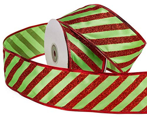 RUSPEPA Wired Christmas Holiday Ribbon - Green with Red Glitter Stripe Ribbon - 63 mm x 22 m Each Roll - Red Wired Edge