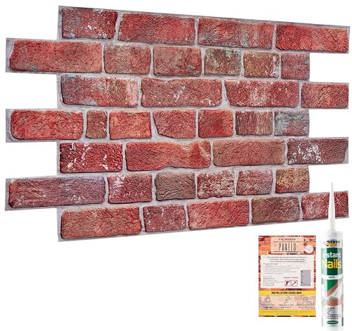 NOVECRAFTO Old Retro Design 3D - 37.79 x 18.89 in (96x48cm) -20 Sheets Covering 99.2 sqft (9.22 sqm) - Office Kitchen Living Room PVC Cladding - Old Red Retro Brick Effect Wall Panels Pattern