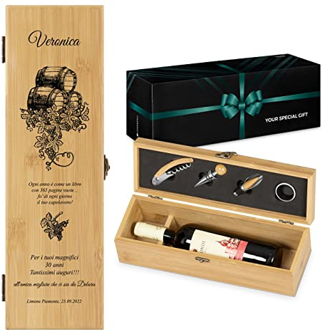 Maverton Astuccio Porta Vino Amore Completo di Accessori - Kit Cavatappi da Vino Personalizzato - Scatola in Legno di bambù + 4 Pezzi di Accessori Vino - Regalo Donna - Le Botti