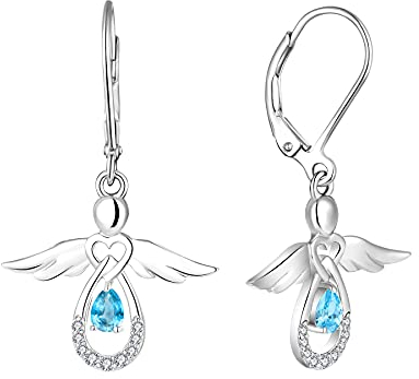 FJ Damen Schutzengel Ohrringe 925 Sterling Silber Hängend Aquamarin März Geburtsstein Schmuck Geschenke für Frauen Mädchen