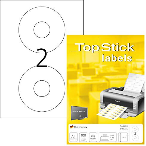 TopStick 8696 CD DVD Etiketten, 1000 Blatt, Ø 117 mm, 2 pro A4 Bogen, 2000 Stück, selbstklebend, bedruckbar, matt, blanko Papier Klebeetiketten Aufkleber, weiß
