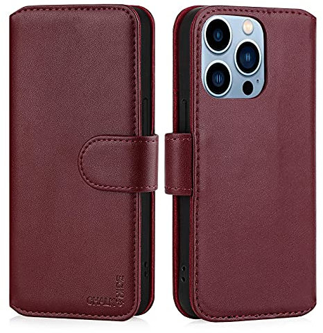 CHALK & HIDE - Real Leather Book Wallet Flip Case Cover For Apple iPhone 13 Pro (6.1), Real Leather Design With Card Slot, Magnetic Closure and Built In Stand - Burgundy