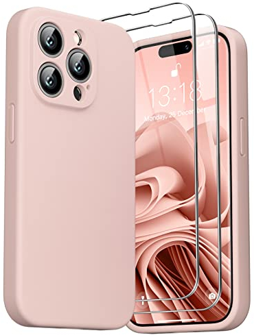 GOODVISH 3 in 1 Cover per iPhone 14 Pro in Silicone 6,1 (2022), con 2 Pezzi di Pellicola Protettiva, iPhone 14 Pro Custodia per Cellulare Antiurto Resistente Protezione Fotocamera, Rosa Sabbia
