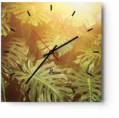 Modern Wanduhr Blätter Monstera Licht 30x30cm Quadrat Klein Wand Uhr Glas Analog Zimmeruhren Küche Büro Wohnzimmer Glasuhr Wall Clock Dekoration Design Wanddekoration Küchenuhr C3AC30x30-4540