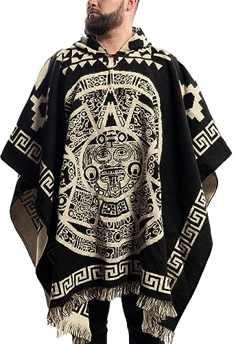 Gamboa Alpaca Wool Mexican Poncho with Hood for Men Hoodie Pancho Mens Western Hooded