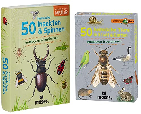 Moses 9723 Expedition Natur - 50 heimische Insekten und Spinnen & 9778 Expedition Natur - 50 heimische Tiere in Stadt und Garten | Bestimmungskarten im Set | Mit spannenden Quizfragen