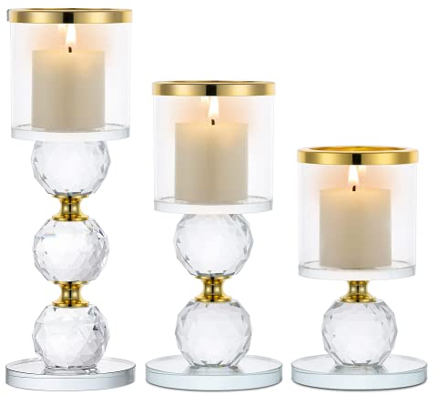 3 teiliges Kristallglas-Kerzenhalter-Set, Säulenkerzenhalter, Teelichtständer, moderner Kerzenhalter für Wohnzimmer, Hochzeit, Badezimmer, Weihnachten, Esstisch, Zuhause, Geburtstagsfeier, Dekoration