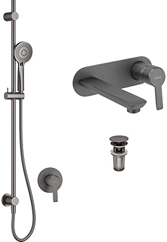 Badezimmer Armaturen und Zubehör Set DEANTE-30 in titanium mit Duschsystem, Waschbeckenarmatur und Ablaufventil