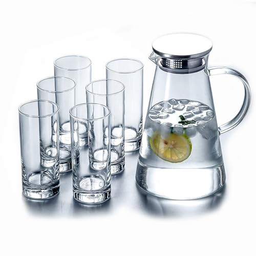 Juego de 7 jarras de vidrio con 6 vasos con tapa, jarra de agua con mango de boquilla para agua caliente/fría té bebida