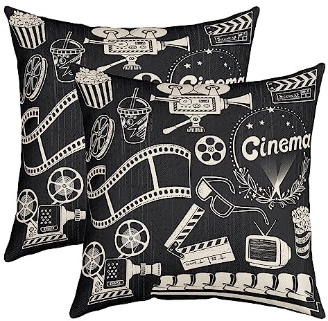 Homewish Schwarz Grau Kino Wurf Kissenbezüge Vintage Film Thema 45x45cm | Kissenbezüge Satz Von 2 Retro Kino Kissenbezüge Popcorn Projektor Quadratische Kissenbezüge Couch Wasserdicht