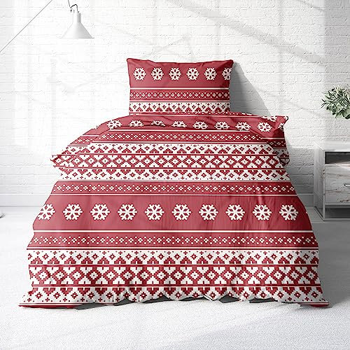 Träumschön Biber Bettwäsche 135x200 Weihnachten - Rote Weihnachtsbettwäsche 135x200 - Weihnachts Bettwäsche Rot - Bettwäsche Winter Warm