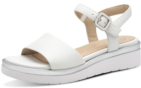 Tamaris Comfort Damen Sandalen flach aus Leder mit Klettverschluss, Weiß (White/Silver), 41 EU