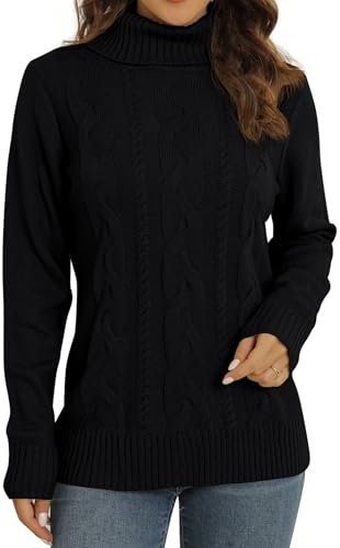 QIXING Women's Jumper Turtle Neck Cable Knit Ribbed Sweater Long Sleeve Tops for Women UK Chunky Knit Ladies Pullover(Black, L)