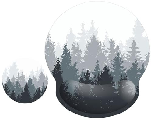 ITNRSIIET Mouse Pad and Coaster Set, Ergonomic Mouse Pad with Wrist Support, Non-Slip Rubber Base, Comfortable Memory Foam Wrist Rest Support and Cloth, Ink Painting Misty Forest