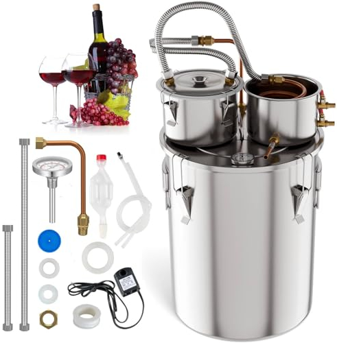 GiantexUK 3 Pots Home Distiller Moonshine Still, 5 Gal 22L/ 8.5Gal 38L Stainless Steel Water Alcohol Spirits Boiler Brewing Kit with Copper Tube, Thermometer & Pump, Wine Making Kit for Brandy (38L)