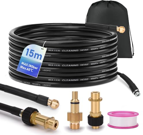 15M/50FT Pressure Washer Drain Pipe Cleaning Hose Cleaning Kit with 2 Adapter and Rigid Jet Nozzle, Compatible with Karcher K2, K3, K4, K5, K6, K7 and LAVOR Pressure Washer, 180 Bar