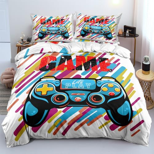Yzehomijia Gamer Housse De Couette 220×240cm,Gaming Housses de Couettes Manette de Jeux Néon Bleu Couvre Lit Carré Géométrique,1 Gamepad Enfant Parure de lit+2 taies d'oreiller 65 x 65 cm.（G1×220）