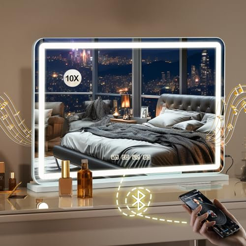 Umeiga Vanity Mirror with Lights, 80X55CM Large Makeup Hollywood Mirror with Lights, Lighted Vanity Makeup Mirror with USB Charging, 3 Color Lighting Modes Tabletop or Wall Mount White