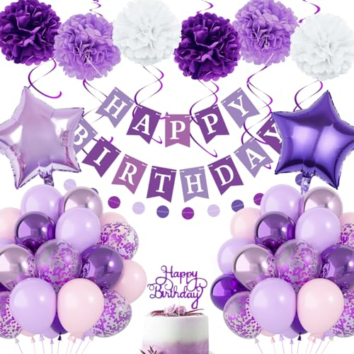 Decorazioni di Compleanno Viola per Donne e Ragazze - Striscioni, Palloncini Pompon, Ghirlanda e Kit per Festa di Buon Compleanno