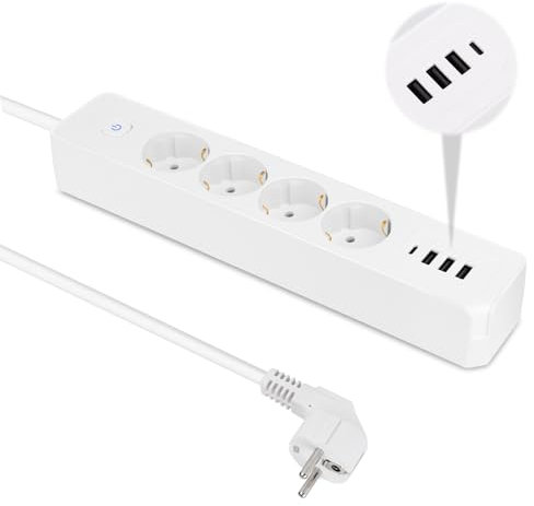 TNOMSNO Regletas Enchufes, 8-in-1 Regleta con 4 Enchufes y 4 Puertos USB, Regleta con Interruptor y Puerta de Seguridad Infantil Incorporada, Extension Electrica 1.8m