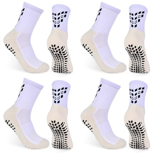 Gogogoal Anti-slip Grip Soccer Football Socks Men Boy Cushioned Breathable Cotton Non-Slip Athletic Trainer Sokcs Rugby Cricket 5-7.5 White+beige M 4 Pair