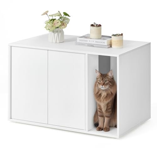 SONGMICS HOME Katzenklo-Schrank, Toolless-Technologie, Superschnelle werkzeuglose Montage, Katzenhaus für große Katzen, Push-to-Open Türen, Beistelltisch, minimalistisch, schneeweiß PCL013W01