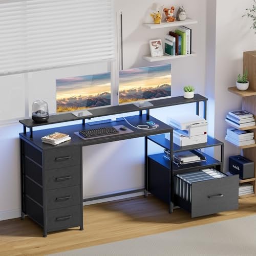 COWISH Computer Desk with Storage Drawer, Wooden Study Table Writing Workstation with Monitor Stand & Printer Station, Gaming Desk with Power Outlets & USB Ports, Black
