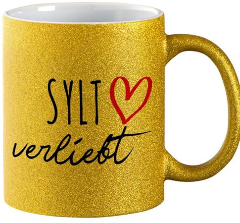 Huuraa Glitzer Kaffeetasse Sylt verliebt Geschenk 330ml Gold Sylt Geschenkidee