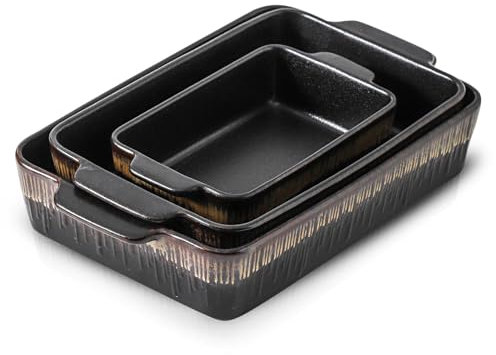 KOOV Bakeware Set, Ceramic Baking Dish, Rectangular Baking Pans Set, Casserole Dish for Cooking, Cake Dinner, Kitchen 9 x 13 Inches, 3-Piece, Stripe Series (Rough Black)